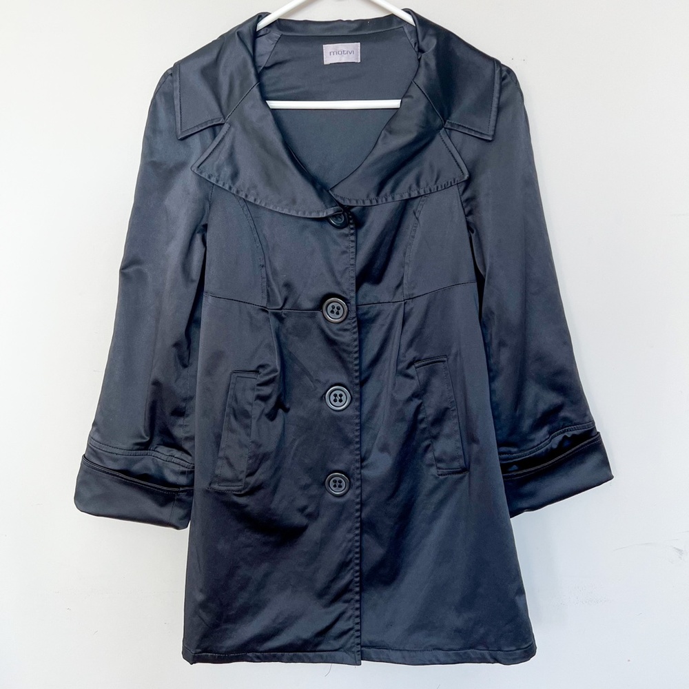 Motivi | Black Satin Peacoat Empire Waist Overcoat Jacket Fitted Dress Coat US4 - Picture 8 of 10